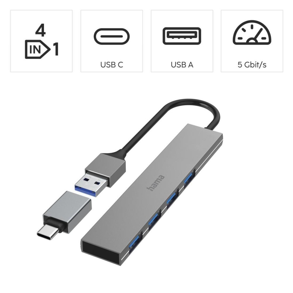 HAMA USB хъб, 4 порта, USB 3.2 Gen 1, 5 Gbit/s, ултратънък, вкл. USB-C ...