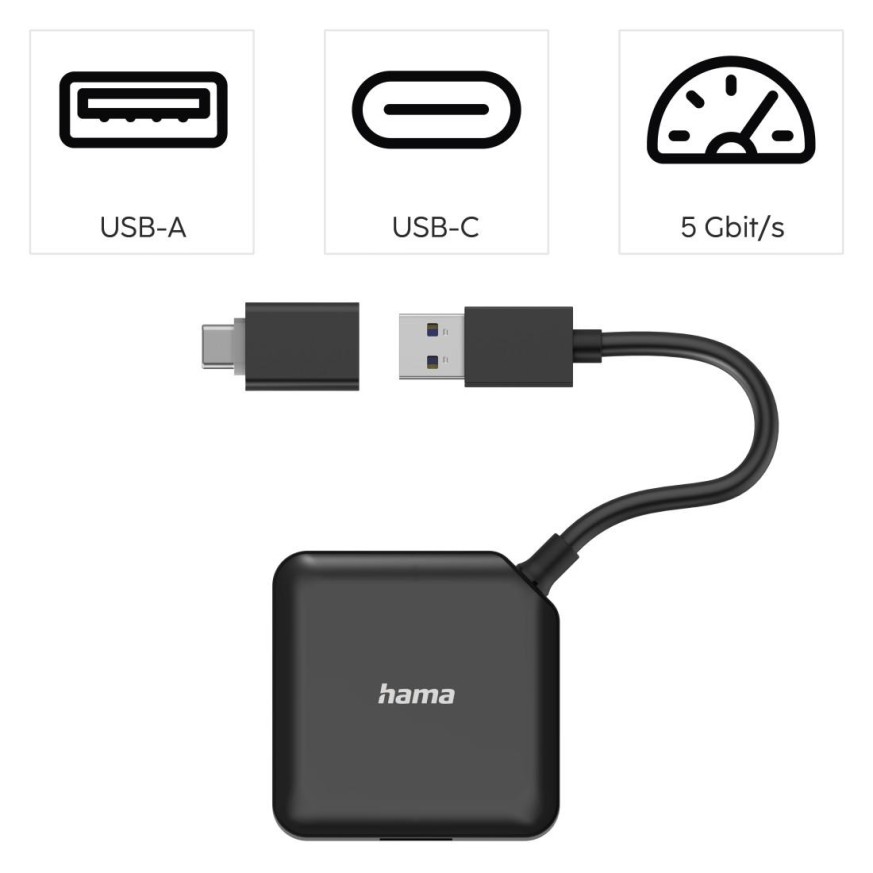 USB хъб HAMA, USB-А 4-портов, USB 3.2 Gen 1, 5 Gbit/s, USB-C адаптер, Черен