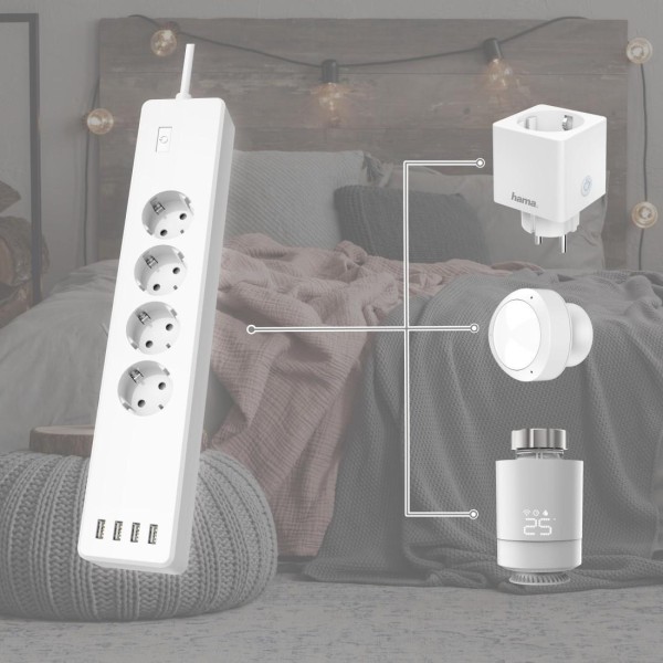 HAMA Смарт разклонител Wi-Fi  2.4Ghz, 4 гнезда, 4xUSB, 1.7 m, бял