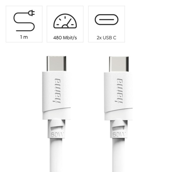 HAMA Кабел за зареждане USB-C - USB-C, 60 W, 1 m, бял