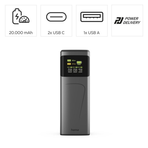 HAMA Външна батерия “High Power”, 65 W, 20000 mAh, 2x USB-C, USB-A, Fast Charging