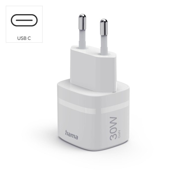 HAMA Зарядно устройство, 30 W, GaN, USB-C, PD/Qualcomm®, Zero Standby, бяло